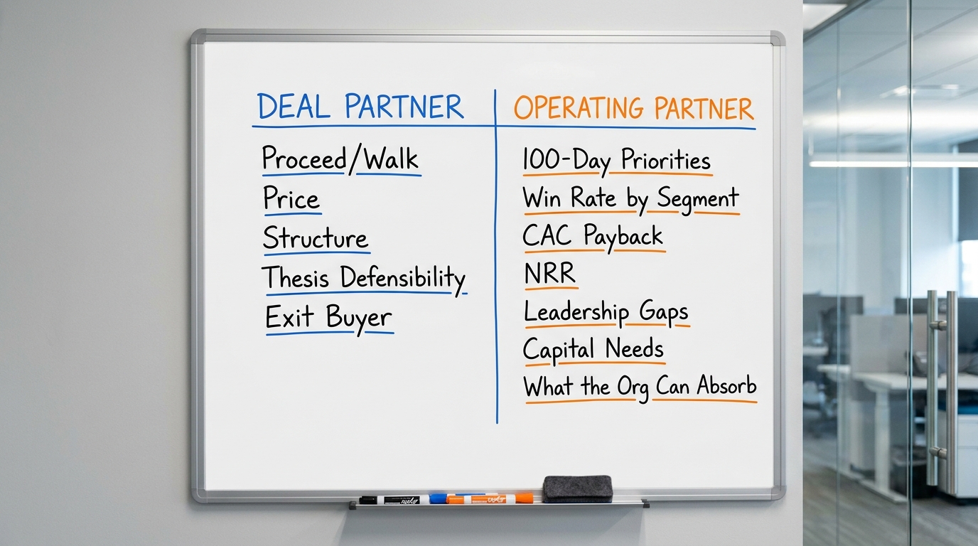 Deal-partner report vs. operating-partner report | two-column comparison. Left header DEAL PARTNER: proceed/walk, price,