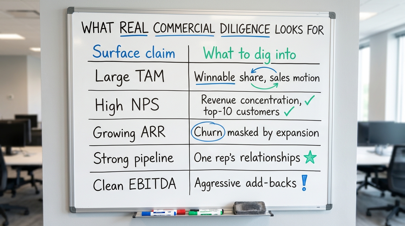 What real commercial diligence looks for | TABLE with columns "Surface claim" and "What to dig into", rows: "Large TAM"