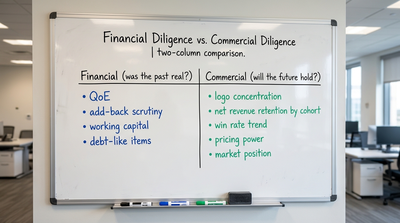 Financial Diligence vs. Commercial Diligence | two-column comparison. LEFT "Financial (was the past real?)": QoE, add-ba