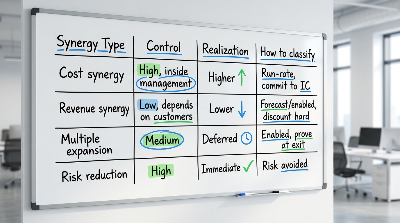 Cost vs Revenue Synergy, how to judge each | TABLE columns: Synergy Type | Control | Realization | How to classify. Rows