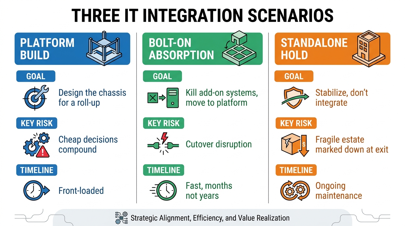 Three IT Integration Scenarios | three-column layout. Column 1 "Platform build", labels: goal "design the chassis for a