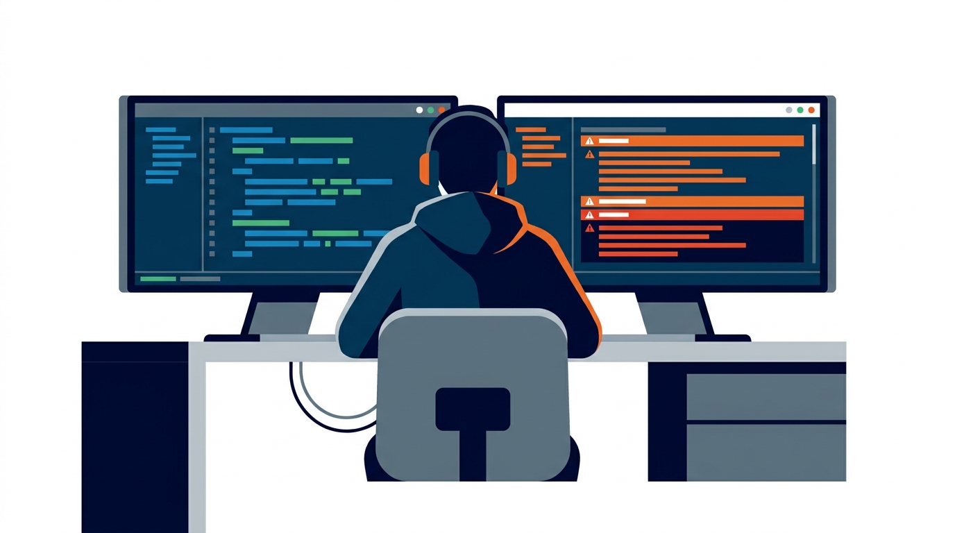 Technical operator reviewing database migration script on dual monitors with error logs visible