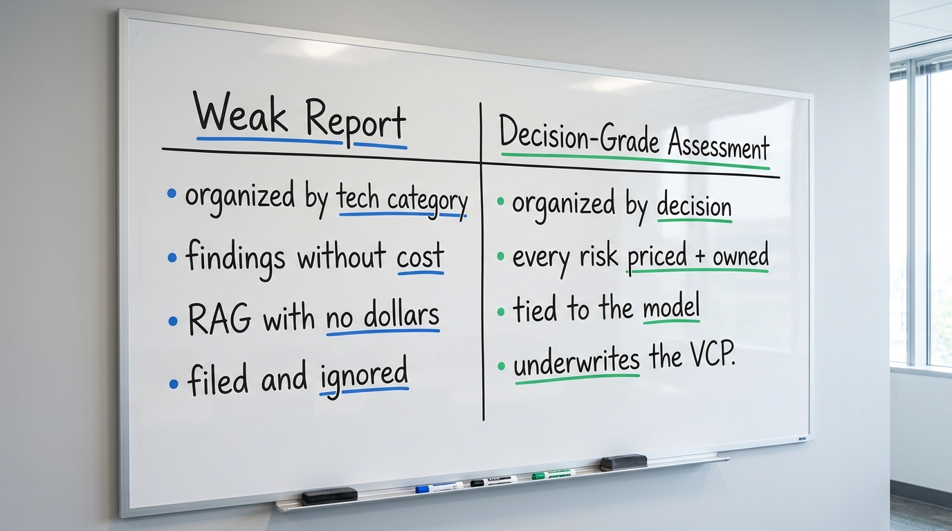 Weak Report vs. Decision-Grade Assessment | two-column table. Left "Weak Report": organized by tech category / findings 
