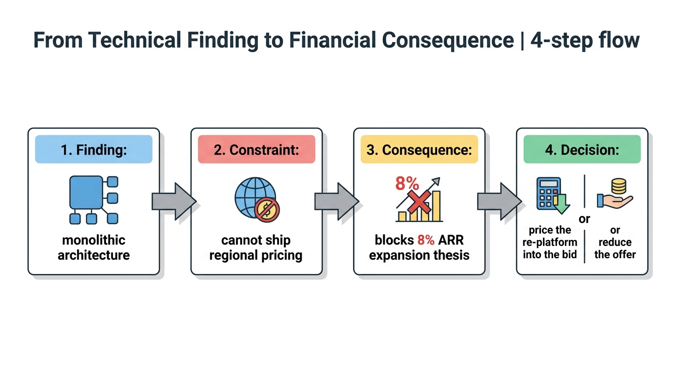 From Technical Finding to Financial Consequence | 4-step flow: "1. Finding: monolithic architecture" then "2. Constraint
