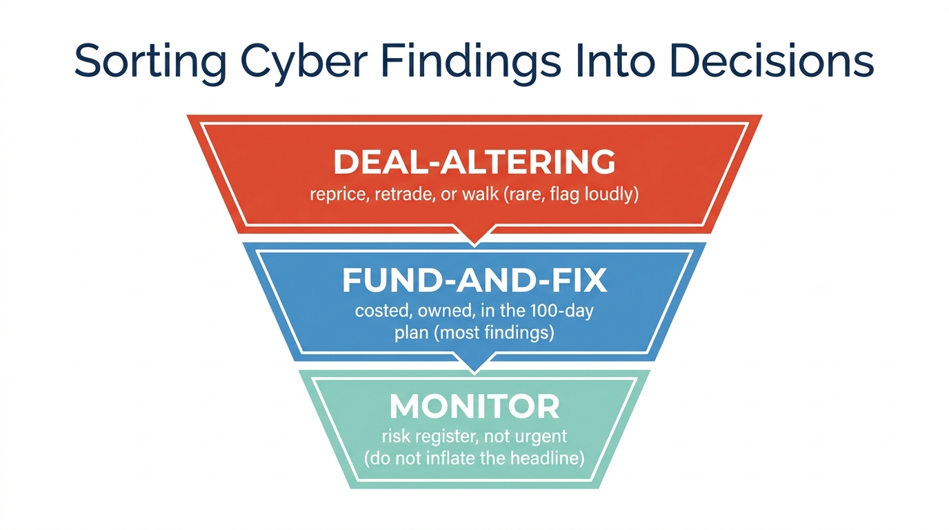 Sorting Cyber Findings Into Decisions | a 3-tier funnel labeled top to bottom: "DEAL-ALTERING, reprice, retrade, or walk