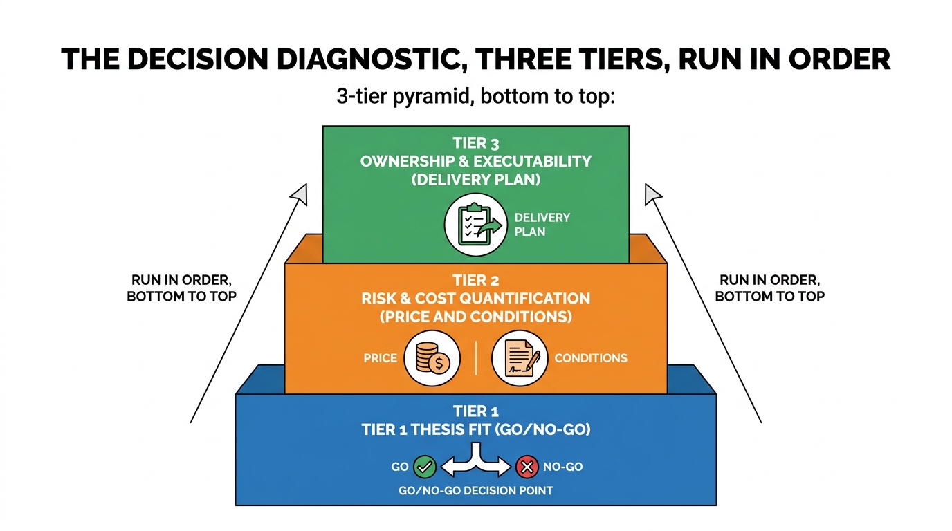 The Decision Diagnostic, Three Tiers, Run in Order | 3-tier pyramid, bottom to top: Tier 1 Thesis Fit (go/no-go), Tier 2
