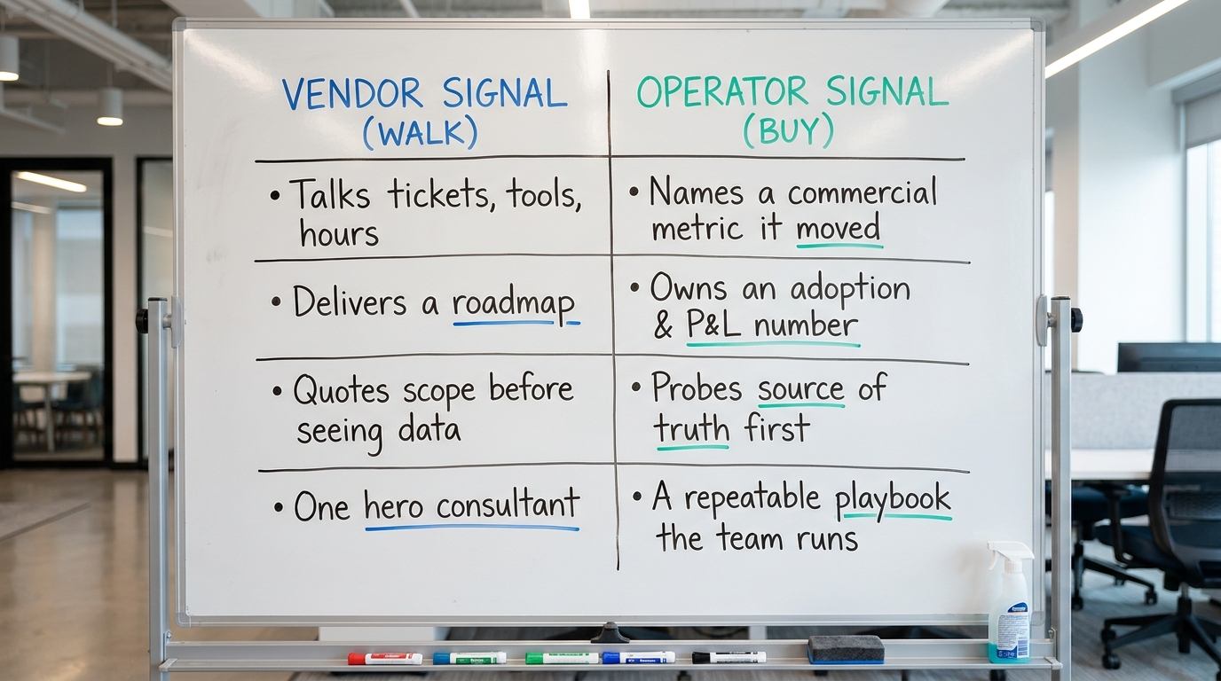 Judging a Rev Ops Firm | comparison table, two columns "Vendor signal (walk)" vs "Operator signal (buy)": Row 1 Talks ti