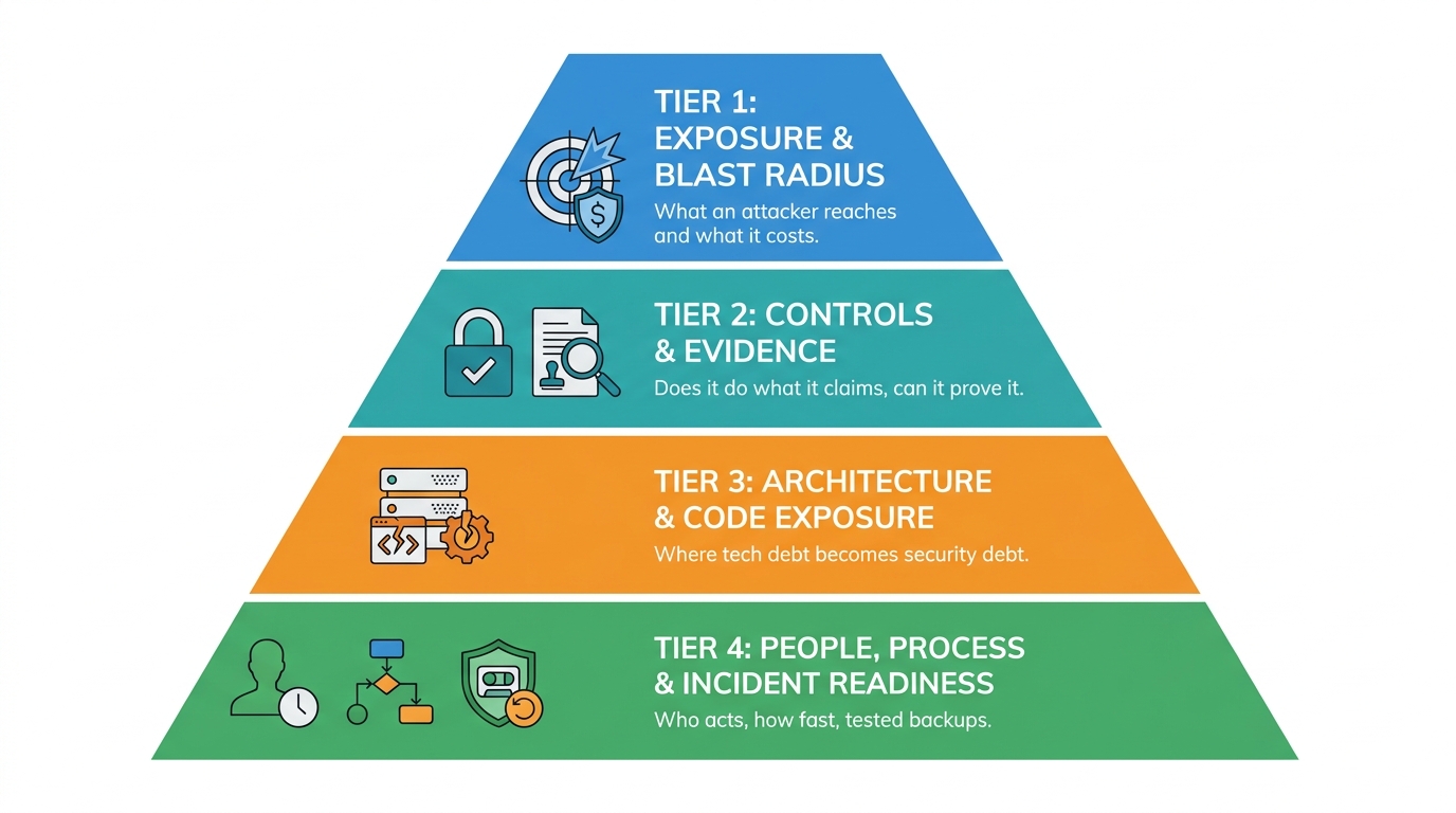 The Four-Tier Cyber Assessment | pyramid, top to bottom: Tier 1 Exposure & Blast Radius, what an attacker reaches and wh
