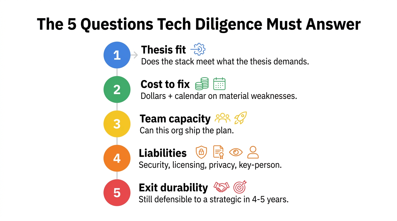 The 5 Questions Tech Diligence Must Answer | vertical 5-step list. 1. Thesis fit, does the stack meet what the thesis de