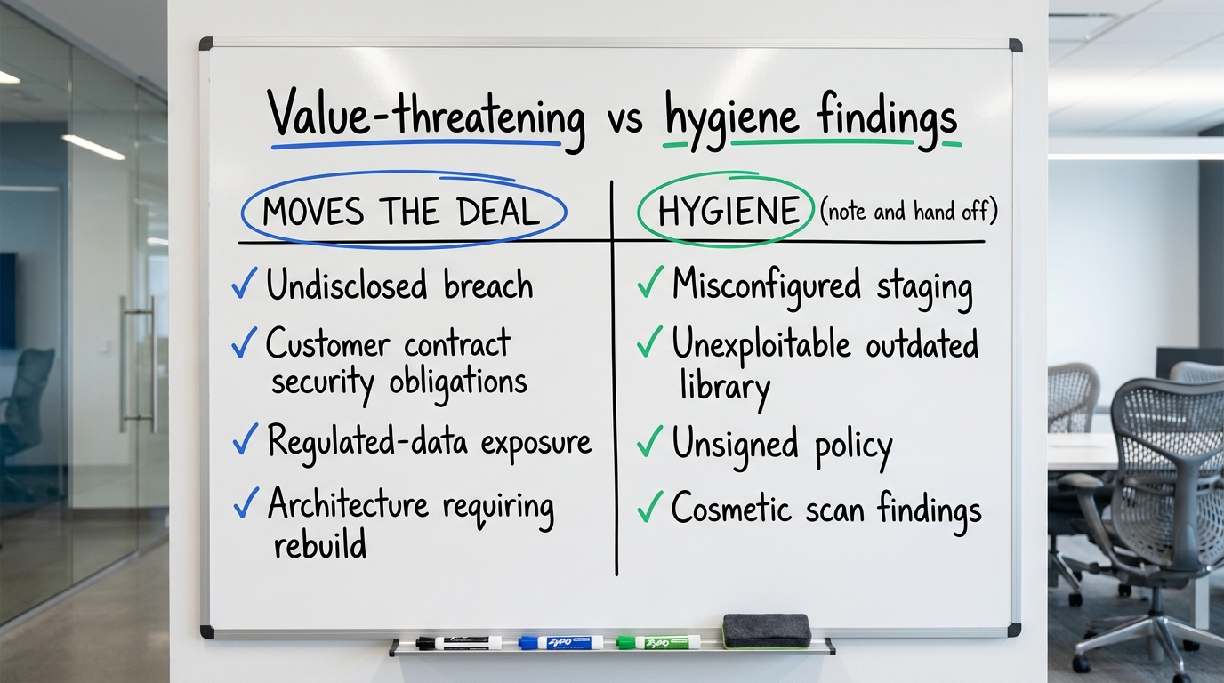 Value-threatening vs hygiene findings | two-column table. Column MOVES THE DEAL: undisclosed breach, customer contract s