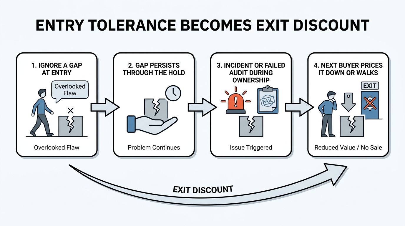 Entry Tolerance Becomes Exit Discount | a 4-step flow: "1. Ignore a gap at entry" → "2. Gap persists through the hold" →