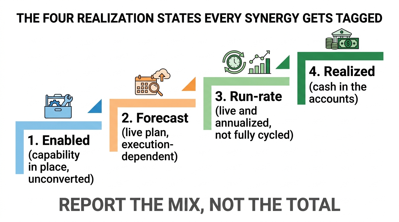 The Four Realization States Every Synergy Gets Tagged | a 4-step ladder: 1. Enabled (capability in place, unconverted) →