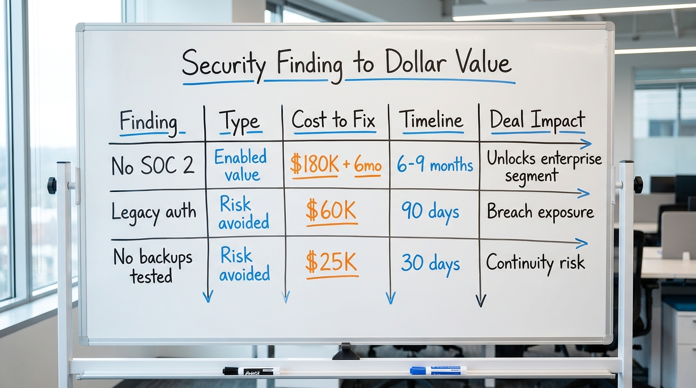 Security Finding to Dollar Value | TABLE columns: Finding | Type | Cost to Fix | Timeline | Deal Impact. Rows: No SOC 2