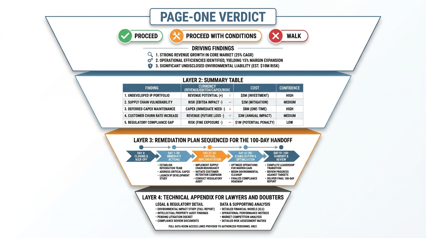 Decision-Grade Diligence Report | 4-layer inverted pyramid top to bottom. Layer 1 Page-one verdict: Proceed / Proceed wi