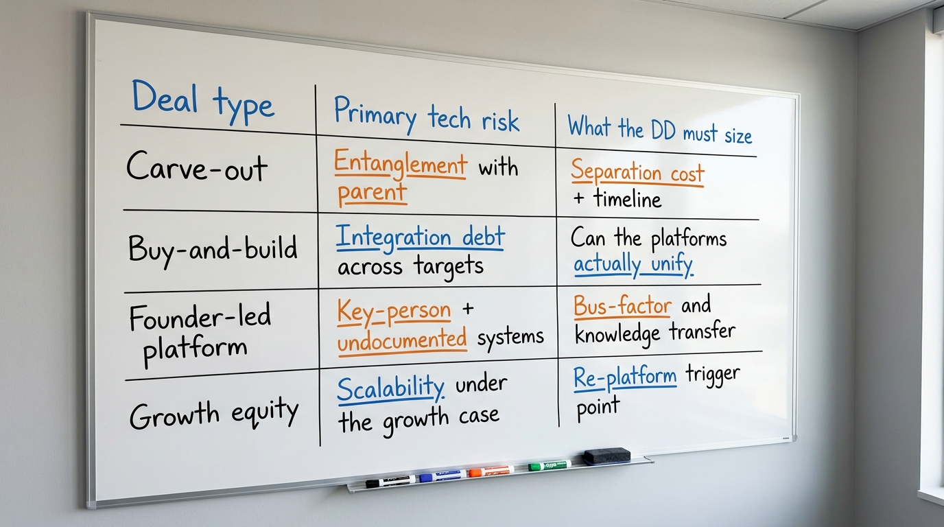 Match the Firm to the Deal Shape | TABLE columns: Deal type | Primary tech risk | What the DD must size. Rows: Carve-out
