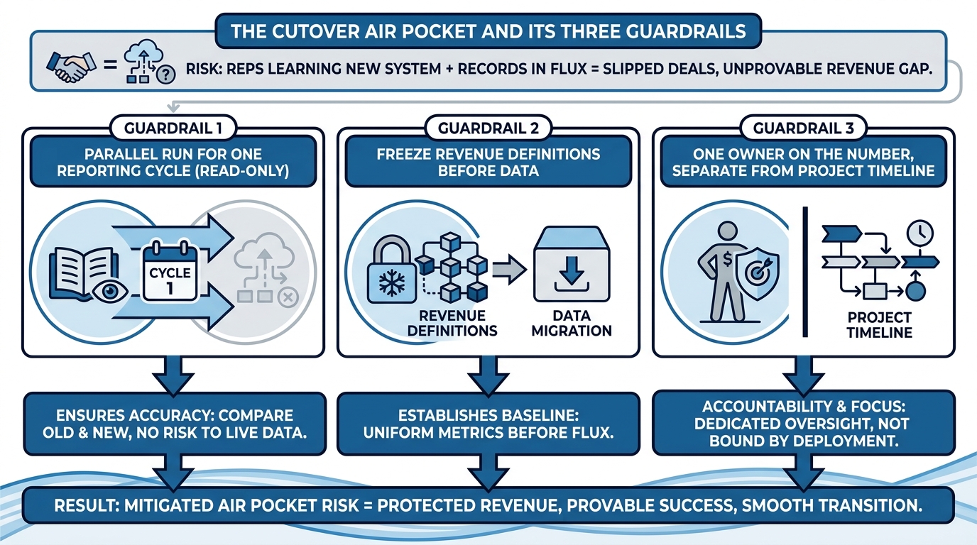 The Cutover Air Pocket and Its Three Guardrails | Risk: reps learning new system + records in flux = slipped deals, unpr