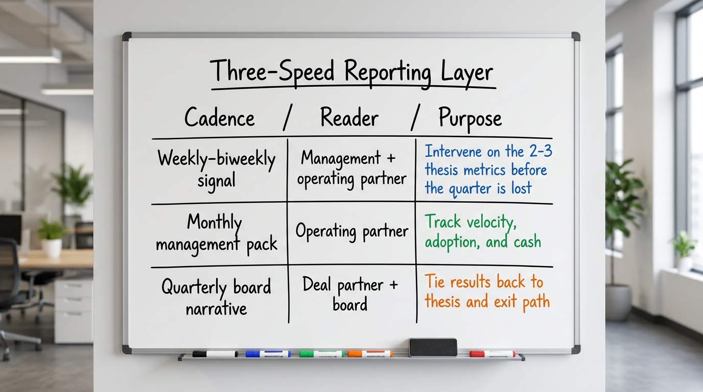 Three-Speed Reporting Layer | table with columns "Cadence / Reader / Purpose" and rows: Weekly-biweekly signal / Managem