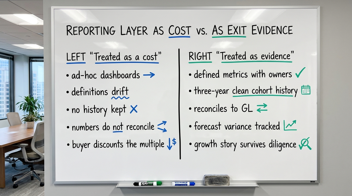 Reporting Layer as Cost vs. as Exit Evidence | Comparison, two columns. LEFT "Treated as a cost": ad-hoc dashboards, def