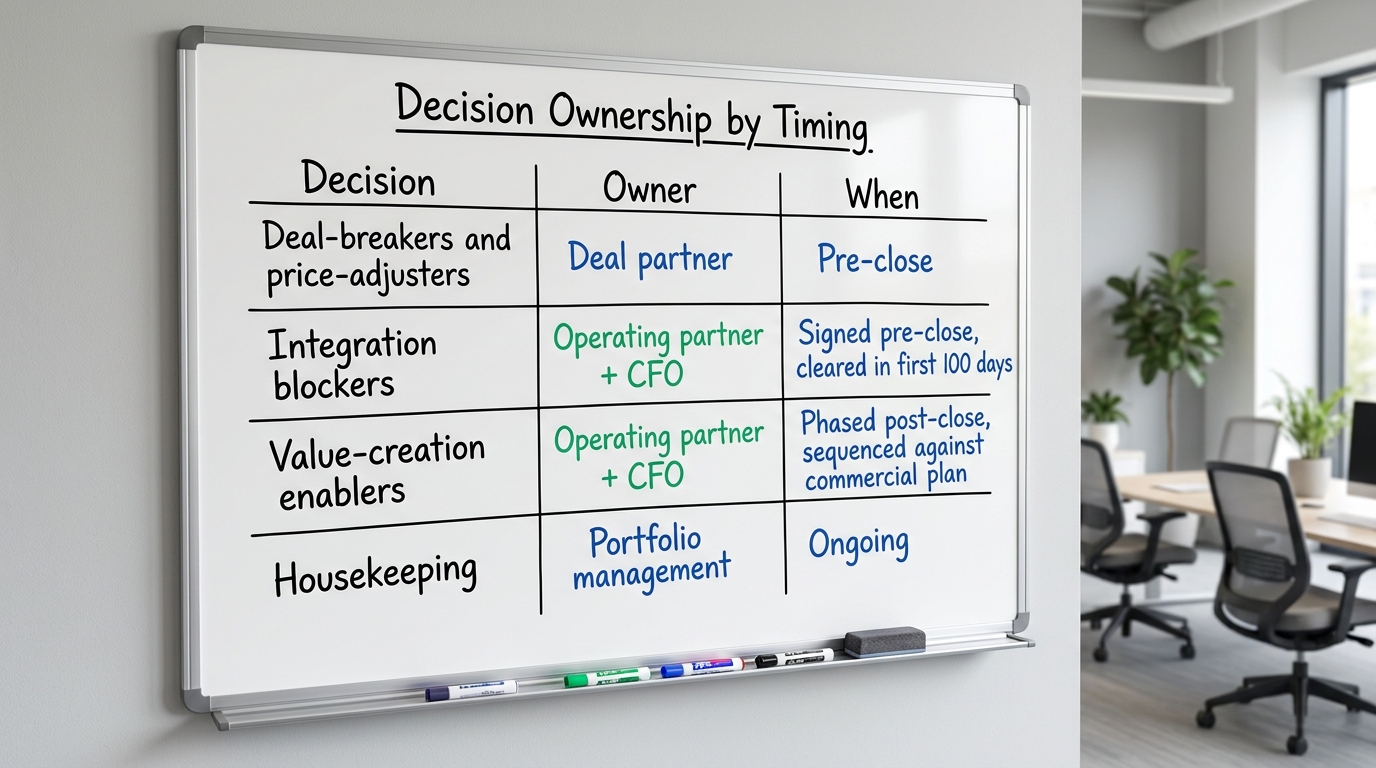 Decision Ownership by Timing | TABLE. Columns: Decision | Owner | When. Rows: Deal-breakers and price-adjusters | Deal p