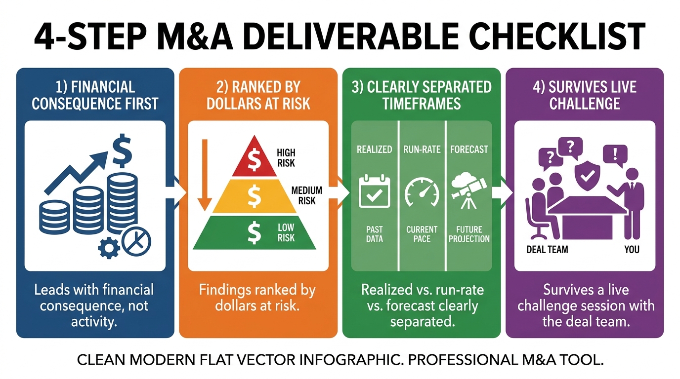 4 tests for an M&A deliverable | 4-step checklist: 1) Leads with financial consequence, not activity 2) Findings ranked