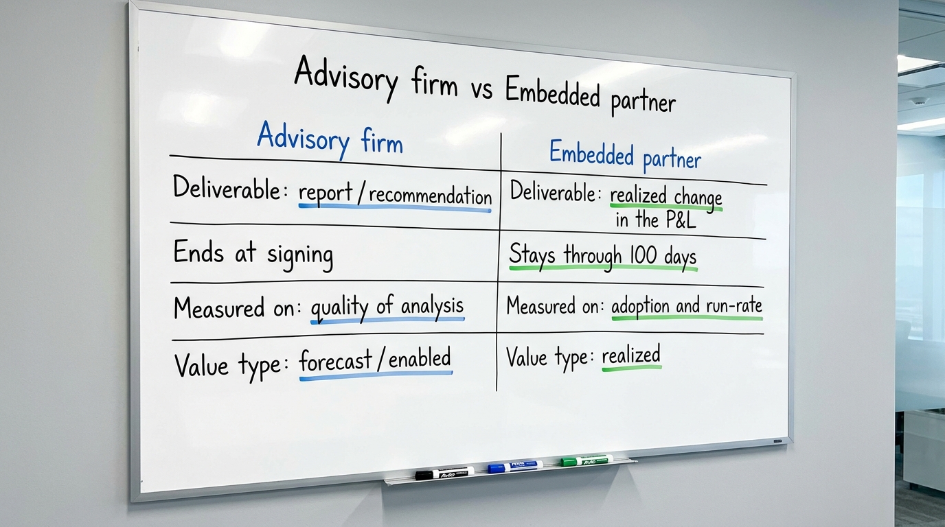 Advisory firm vs embedded partner | TABLE columns "Advisory firm" and "Embedded partner", rows: "Deliverable: report / r