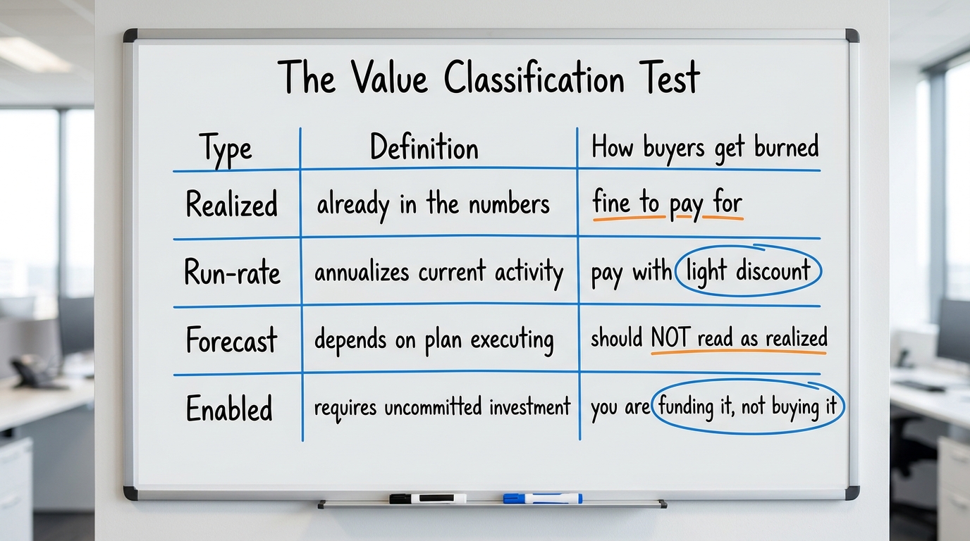 The Value Classification Test | table with columns "Type | Definition | How buyers get burned". Rows: Realized (already