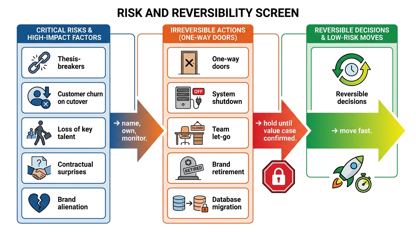 Risk and Reversibility Screen | Thesis-breakers, customer churn on cutover, loss of key talent, contractual surprises, b