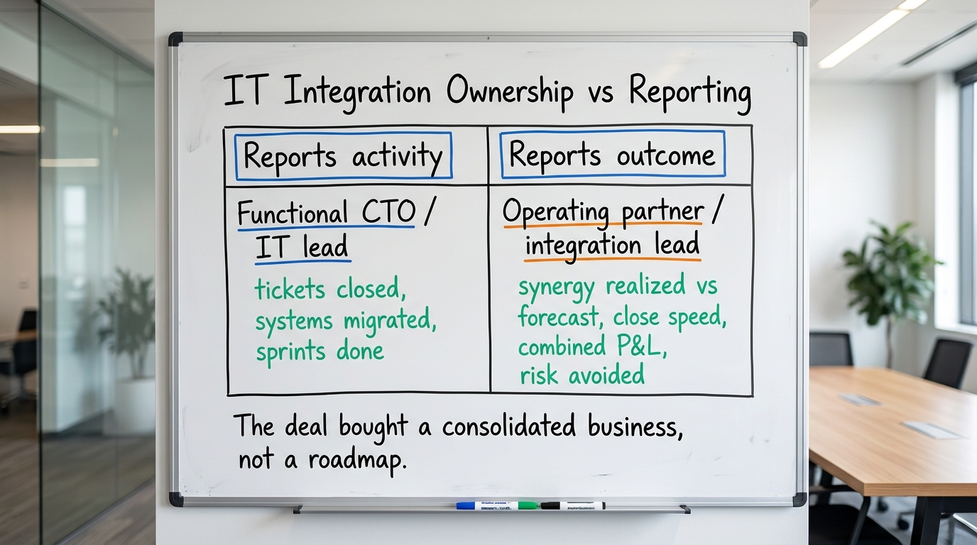IT Integration Ownership vs Reporting | table with columns "Reports activity" and "Reports outcome". Rows map roles: "Fu