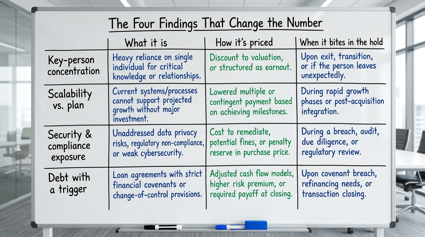 The Four Findings That Change the Number | table, rows = Key-person concentration / Scalability vs. plan / Security &amp