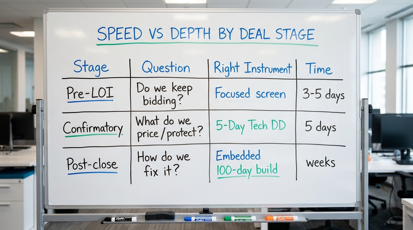 Speed vs Depth by Deal Stage | TABLE columns "Stage" | "Question" | "Right Instrument" | "Time"; rows: "Pre-LOI" / "Do w