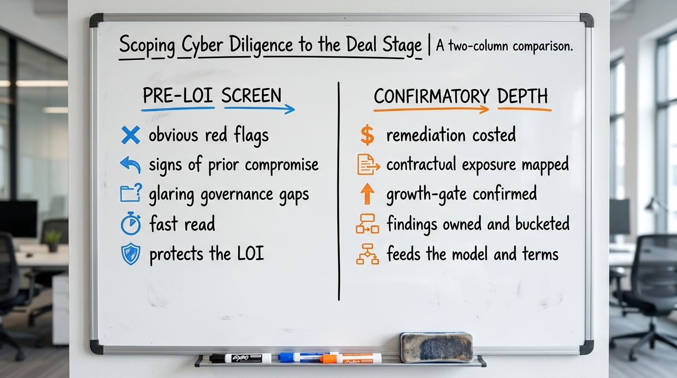 Scoping Cyber Diligence to the Deal Stage | a two-column comparison. Left column "PRE-LOI SCREEN": obvious red flags, si