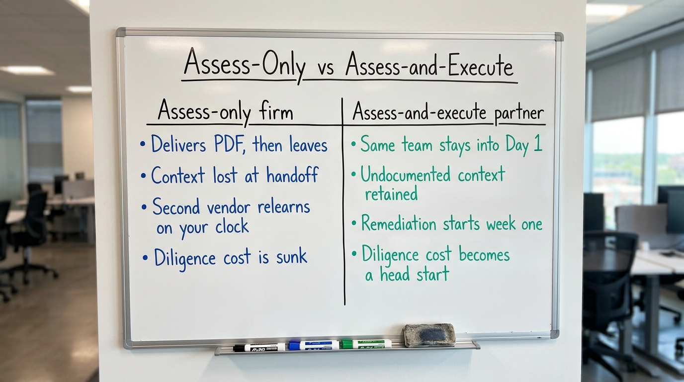 Assess-Only vs Assess-and-Execute | two-column comparison. Left "Assess-only firm": "Delivers PDF, then leaves"; "Contex