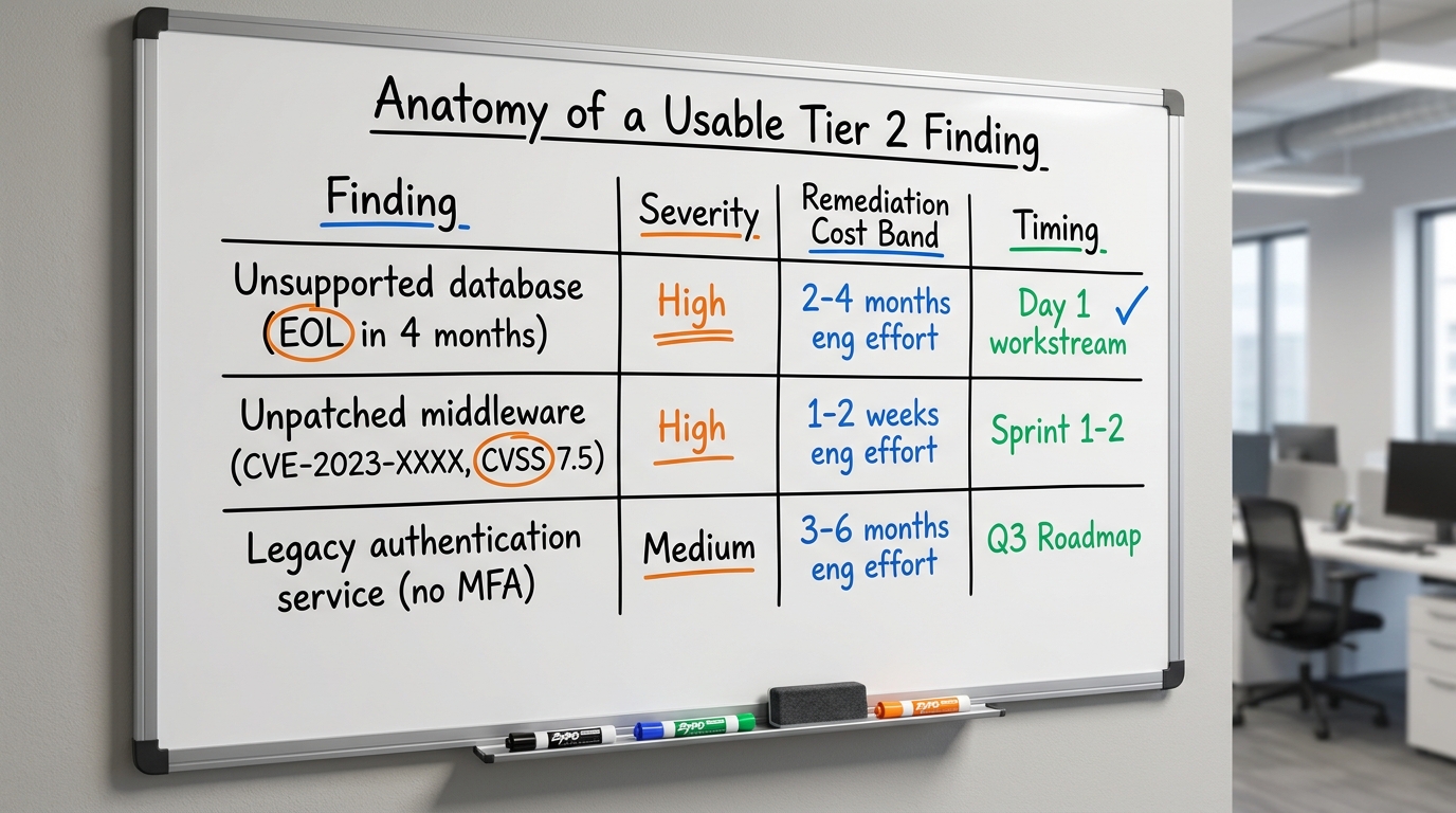 Anatomy of a Usable Tier 2 Finding | table with columns: Finding | Severity | Remediation Cost Band | Timing. Row exampl