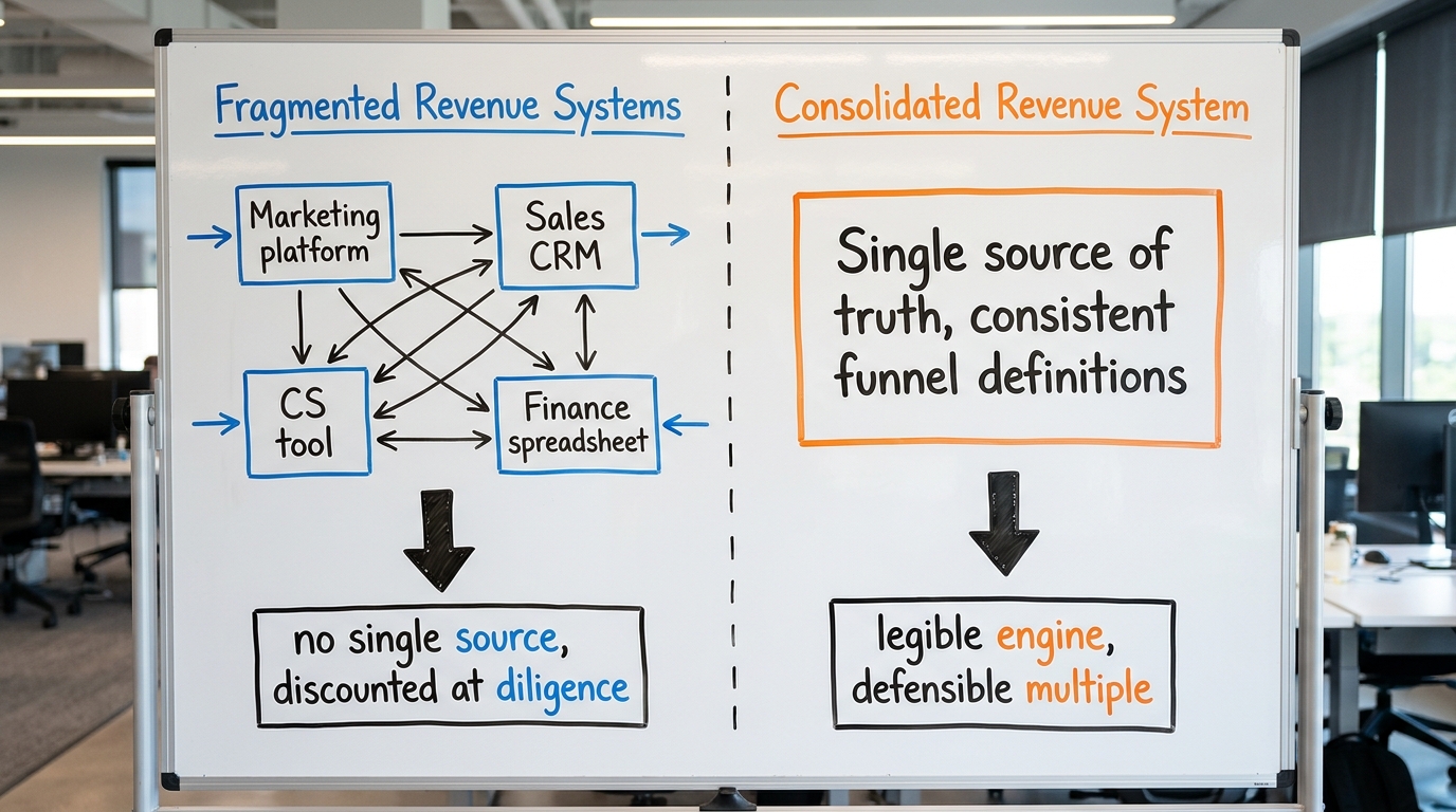 Fragmented vs Consolidated Revenue Systems | left side "Before" boxes: Marketing platform, Sales CRM, CS tool, Finance s