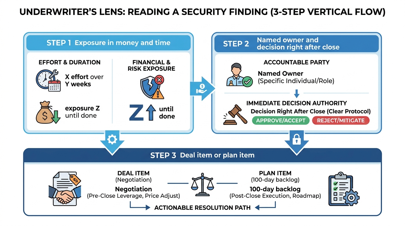 Reading a security finding like an underwriter | 3-step vertical flow. STEP 1 Exposure in money and time (X effort over