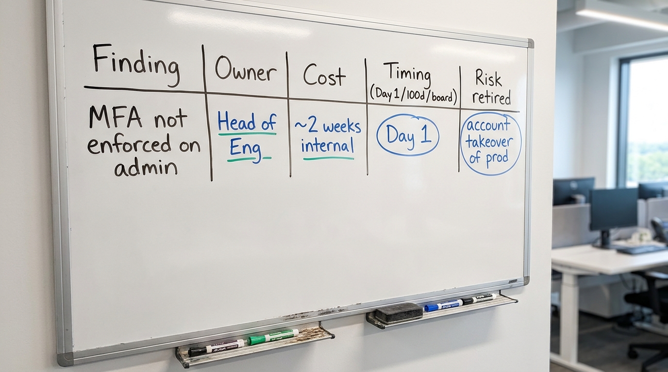 Remediation Plan Columns That Actually Bind | a TABLE with headers "Finding | Owner | Cost | Timing (Day 1 / 100d / boar