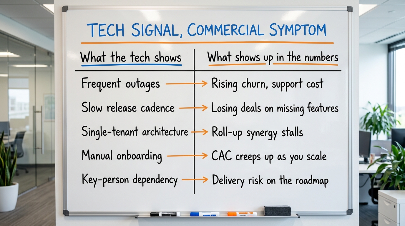 Tech Signal, Commercial Symptom | two-column table. Left "What the tech shows" / right "What shows up in the numbers". R