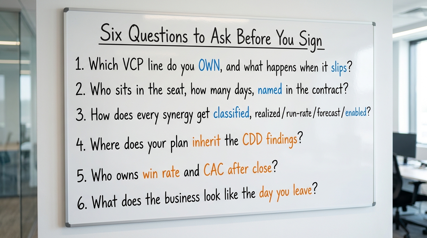 Six Questions to Ask Before You Sign | numbered list: 1. Which VCP line do you OWN, and what happens when it slips? 2. W