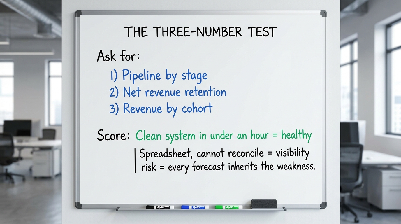 The Three-Number Test | Ask for: 1) Pipeline by stage 2) Net revenue retention 3) Revenue by cohort. Score: Clean system