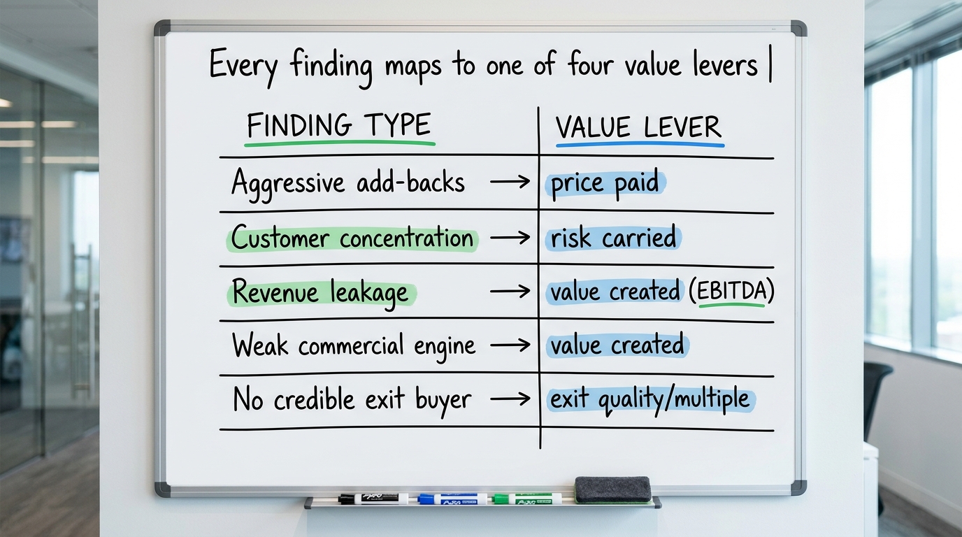 Every finding maps to one of four value levers | table with columns FINDING TYPE and VALUE LEVER. Rows: Aggressive add-b