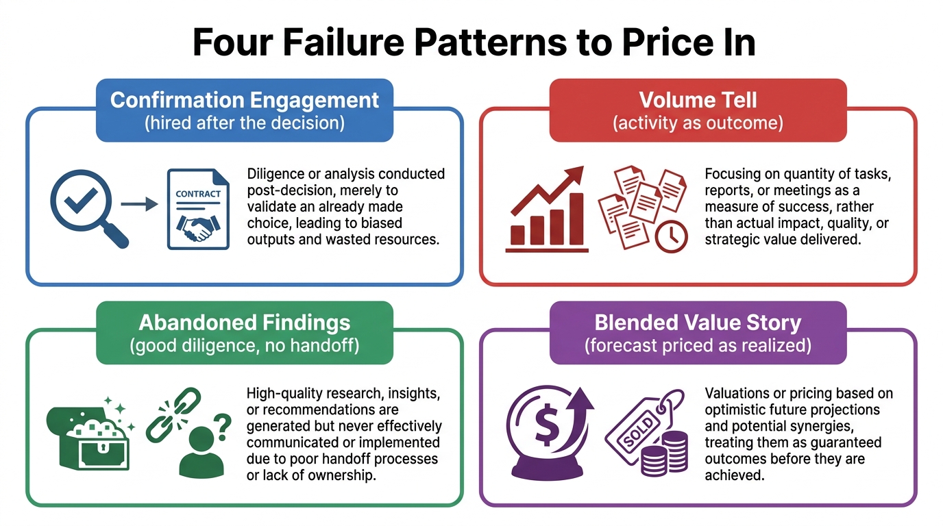 Four Failure Patterns to Price In | 2x2 grid of cards: "Confirmation Engagement (hired after the decision)" / "Volume Te
