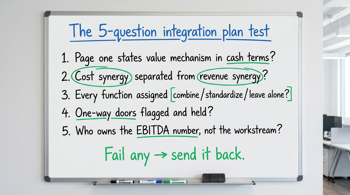 The 5-question integration plan test | 1. Page one states value mechanism in cash terms? 2. Cost synergy separated from