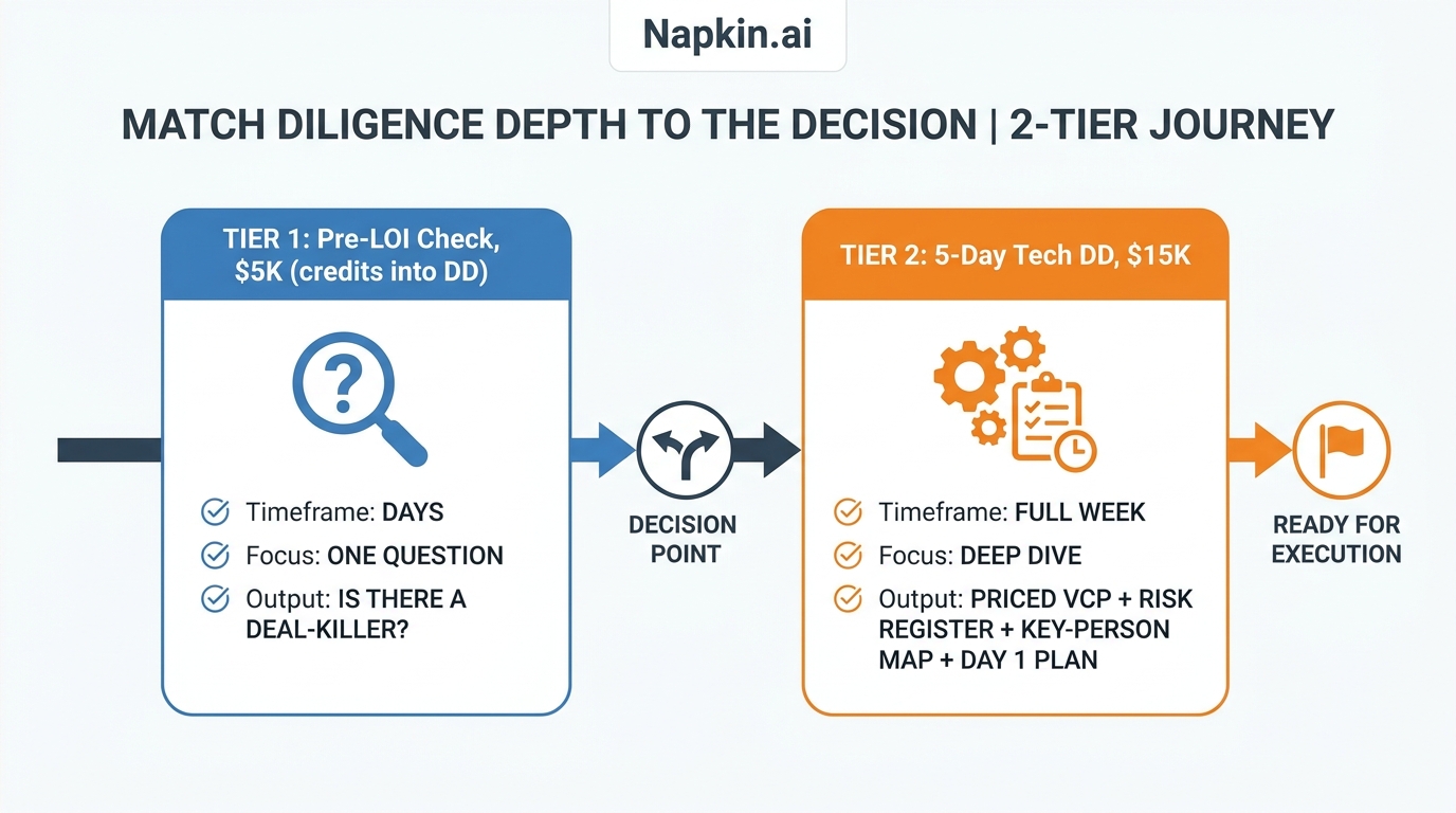 Match Diligence Depth to the Decision | 2-tier journey. Tier 1 "Pre-LOI Check, $5K, credits into DD": days, one question