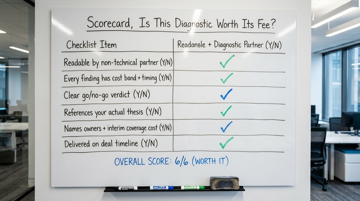 Scorecard, Is This Diagnostic Worth Its Fee? | checklist table: Readable by non-technical partner (Y/N) | Every finding