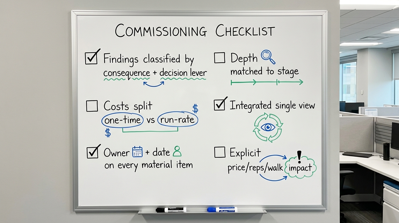 Commissioning Checklist | 6 checkboxes: Findings classified by consequence + decision lever; Costs split one-time vs run