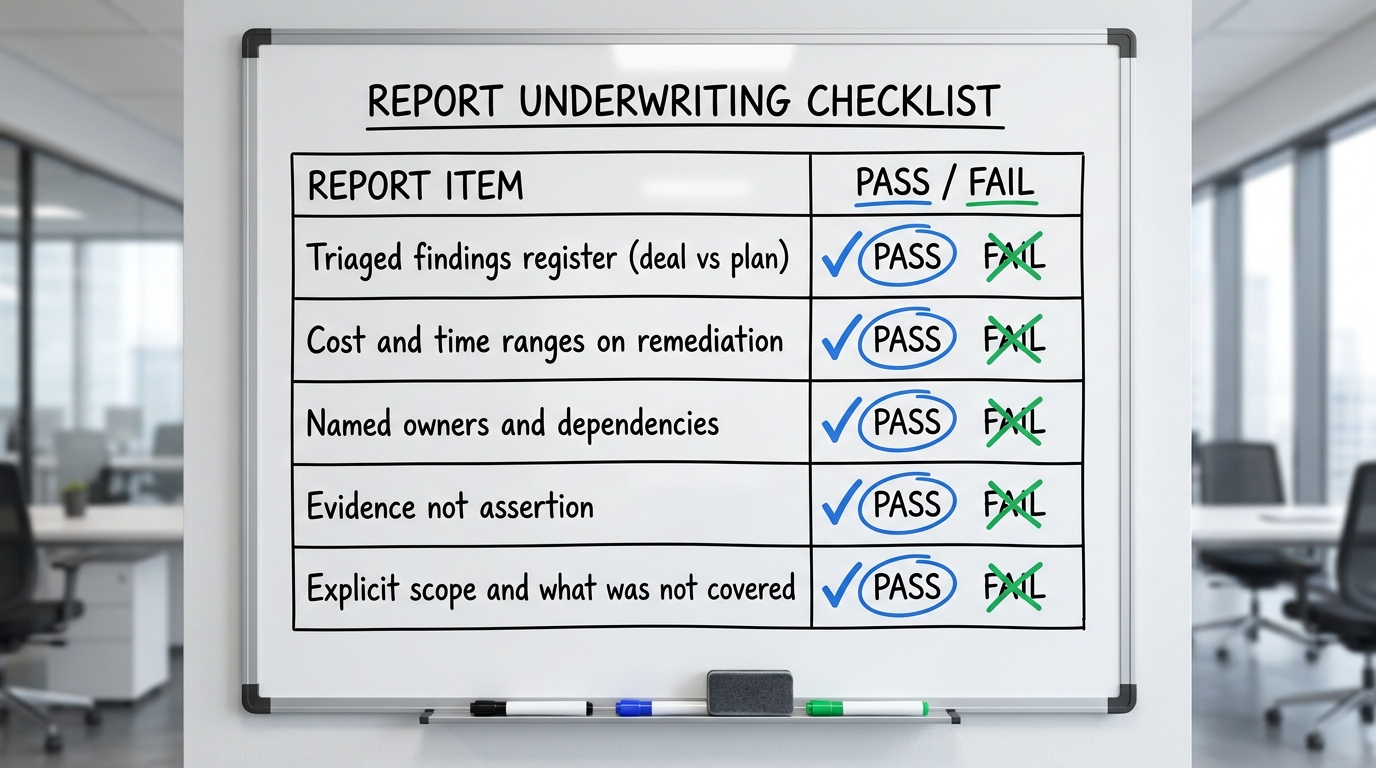 What a report you can underwrite from includes | 5-row checklist table. Rows: Triaged findings register (deal vs plan),