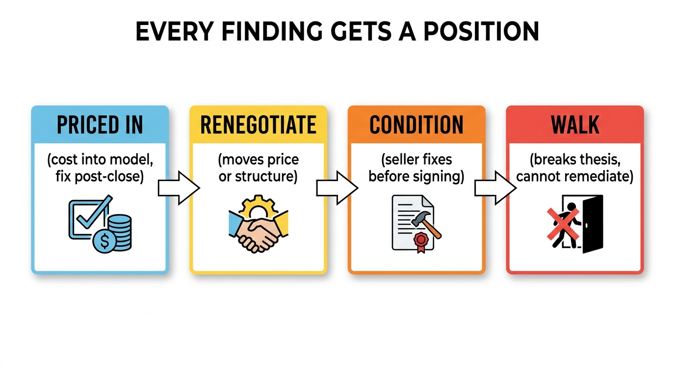Every Finding Gets a Position | 4 boxes left to right: PRICED IN (cost into model, fix post-close) → RENEGOTIATE (moves