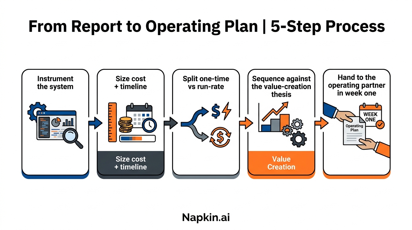 From Report to Operating Plan | 5-step process left to right: Instrument the system / Size cost + timeline / Split one-t