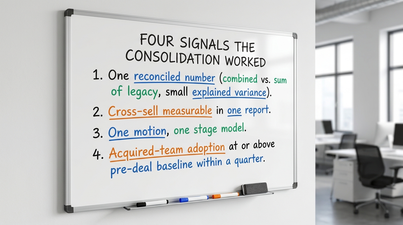 Four Signals the Consolidation Worked | 1. One reconciled number (combined vs. sum of legacy, small explained variance).