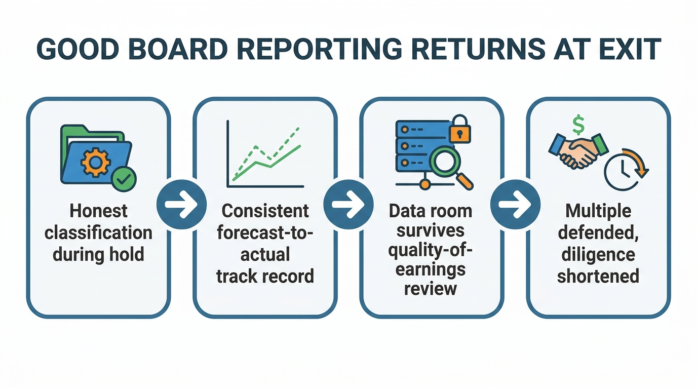 What Good Board Reporting Returns at Exit | four-step process: Honest classification during hold → Consistent forecast-t